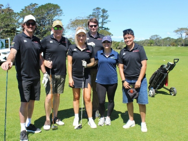Team Tuckr L-R Brett Ingham, Dan Bees, Marina Brown, Dylan Acheson, Jaimee Trass, Ace Kitione, winners of the front 9 course