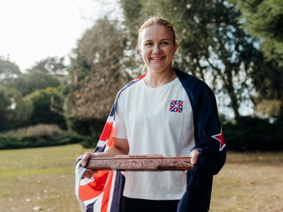Moira de Villiers 2026 Flag Bearer with Baton Photo NZOC