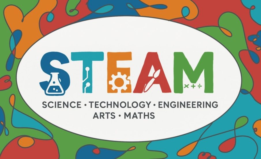 STEAM logo. Main image The STEAM banner created by Y10 student Lily Maurice, who used digital tools as inspiration and then drew the design